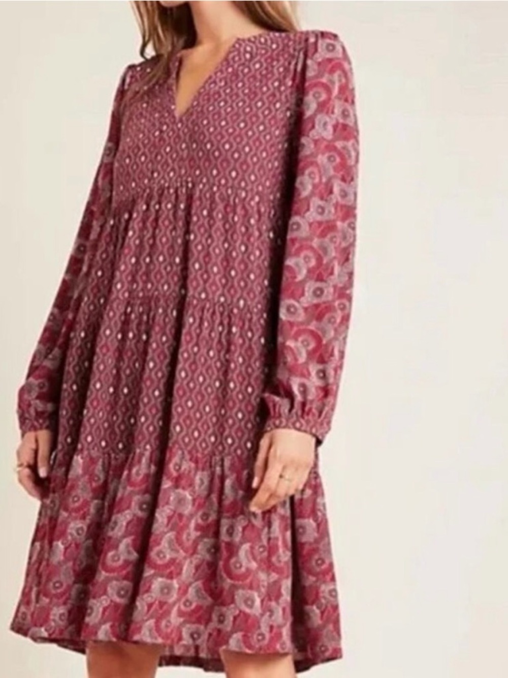Maeve by Anthropologie Small Burgundy Long Sleeve Boho Tiered Dress